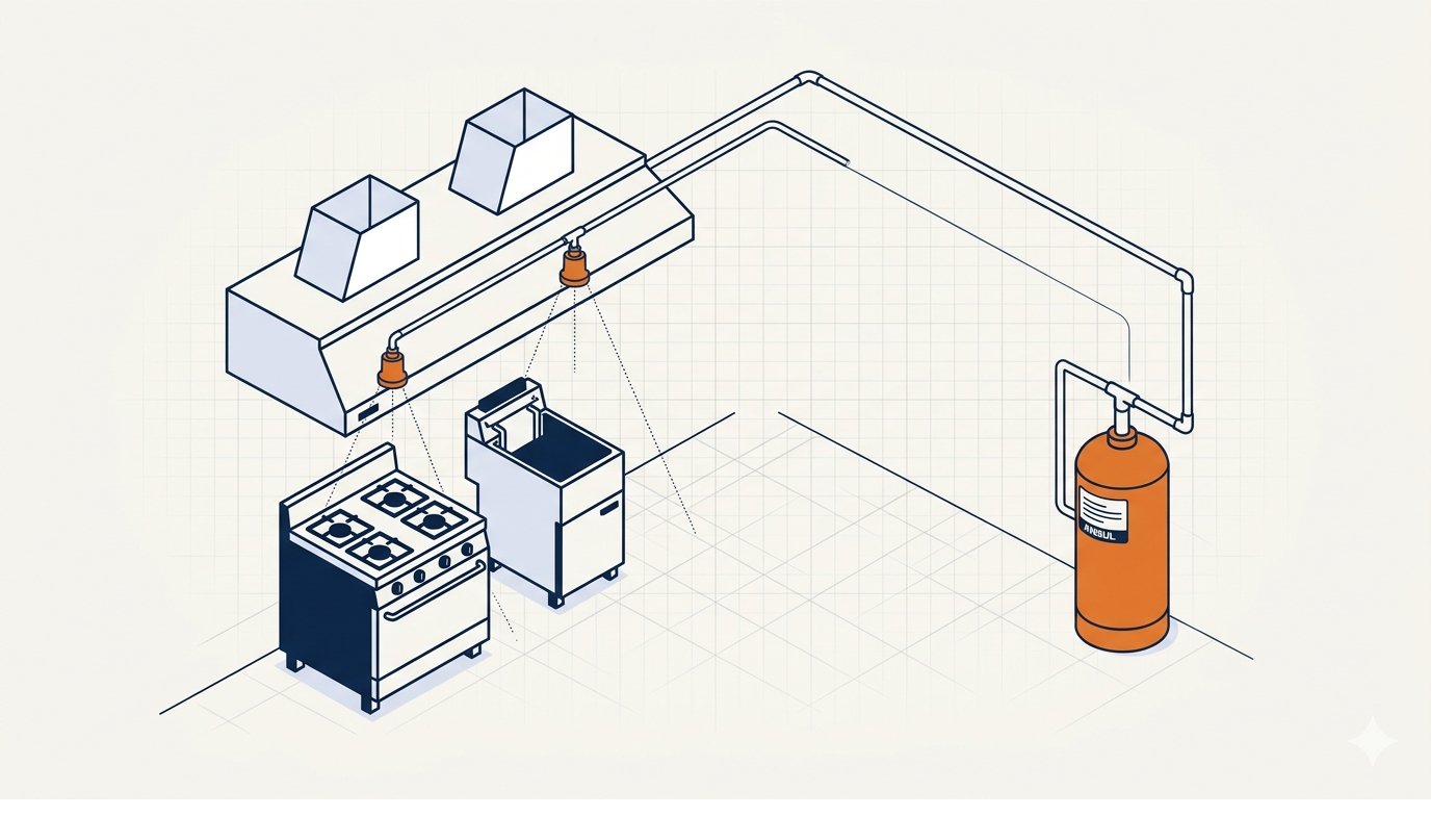 Cocina comercial con campana, equipos de cocción y cilindro Ansul R-102 para extinción según NFPA 17A/96