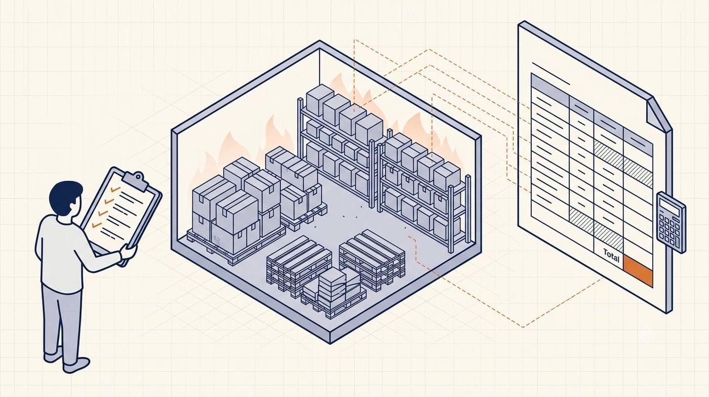 Bodega con cajas y estanterías junto a un checklist y planilla de cálculo de densidad de carga combustible