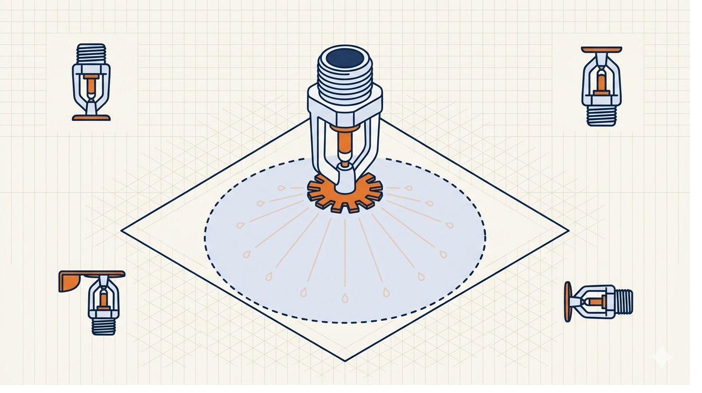 Rociador NFPA 13 con patrón de descarga y los cuatro tipos principales: pendent, upright, sidewall y concealed
