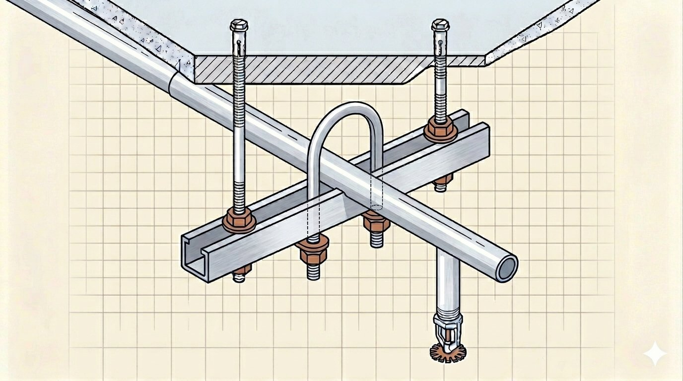 Soporte tipo trapecio con dos varillas colgantes y perfil horizontal sosteniendo una tubería de rociadores NFPA 13